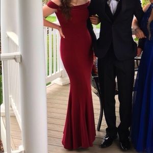 burgundy off the shoulder prom dress